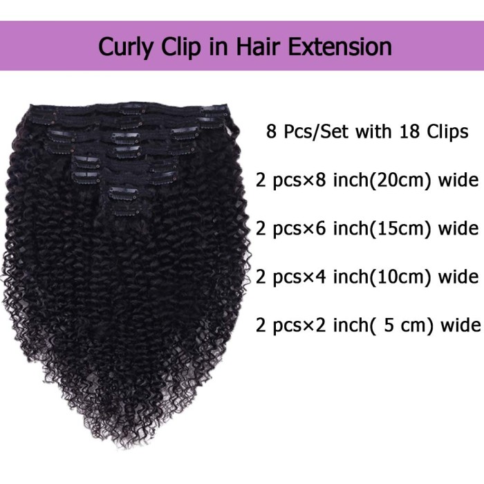 Kinky Curly Clip Ins Full Head for Black Women Brazilian Remy Human Hair Natural Color 8Pcs
