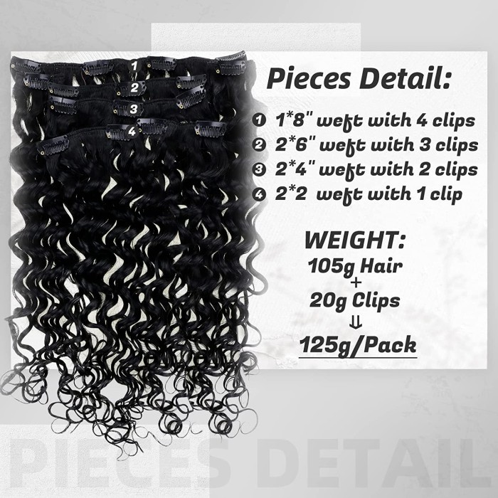 Full Head Natural Black Clip in Hair Extensions Remy Hair Water Wavy Clip on Extensions