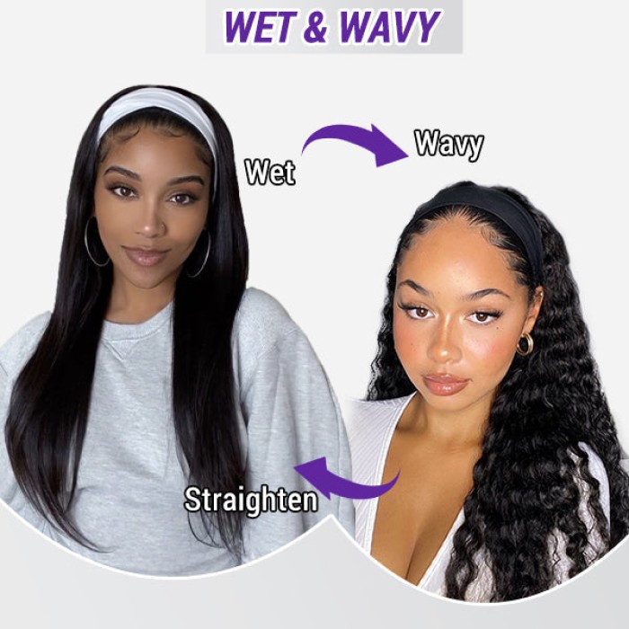 Wet And Wavy  Throw On & Go Water Wave Glueless Long Headband Wig 100% Human Hair (Get Free Trendy Headbands)