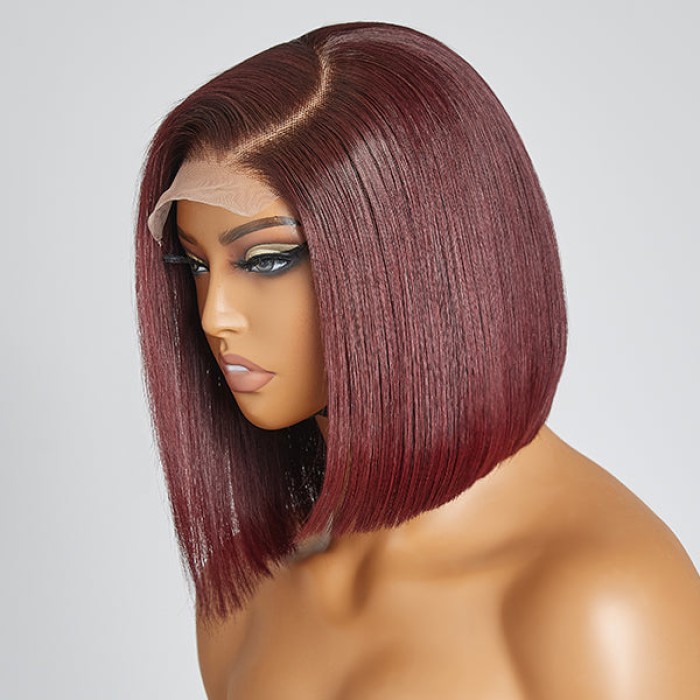 Limited Design  Burgundy Asymmetric Bob 4x4 Closure Lace Glueless Short Wig with Bangs 100% Human Hair