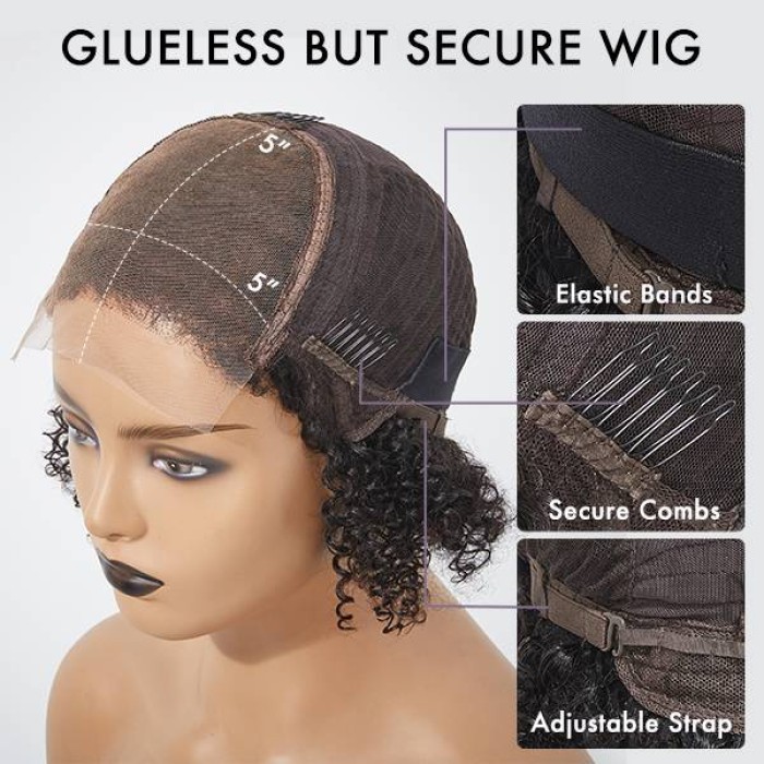 4C Edges  Kinky Edges Deep Wave 5x5 Closure Lace Glueless C Part Short Wig 100% Human Hair