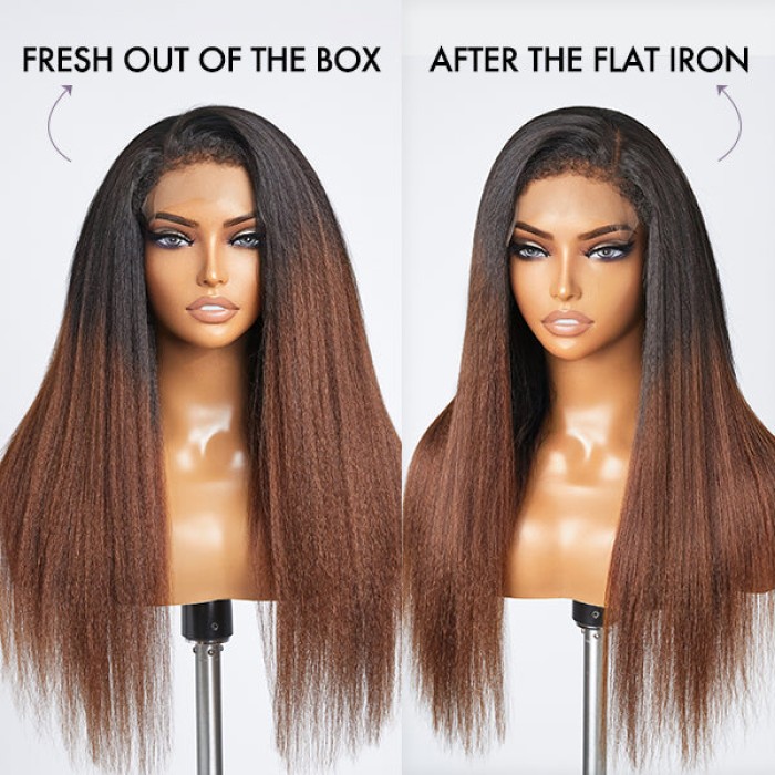 4C Edges  Kinky Edges Black To Brown Ombre Kinky Straight 5x5 Closure Lace Glueless Side Part Long Wig 100% Human Hair