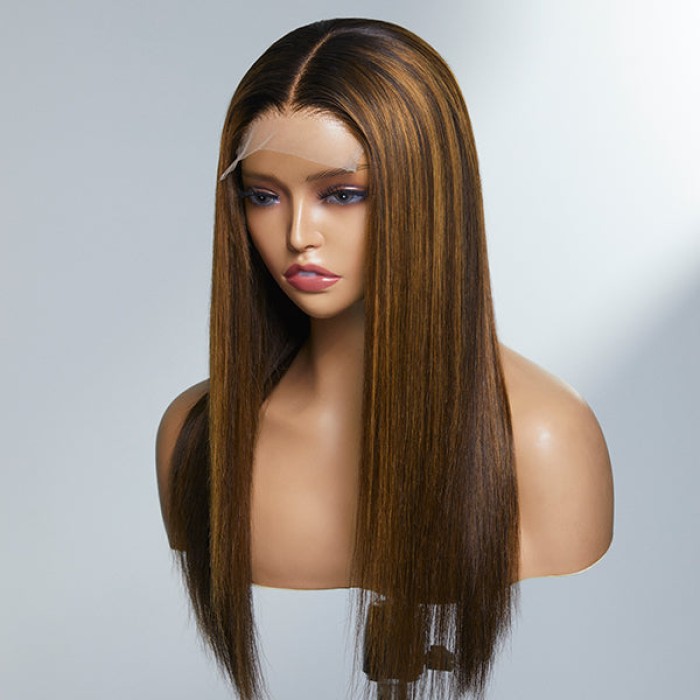 Limited Design  Brown Blonde Mix Silky Straight 5x5 Closure HD Lace Glueless Long Wig 100% Human Hair