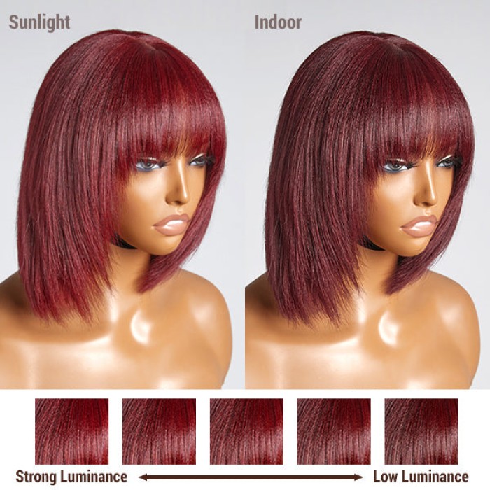 Put On And Go Reddish Purple  Natural Black Layered Cut Yaki Straight Minimalist Lace Bob Wig With Bangs 100% Human Hair