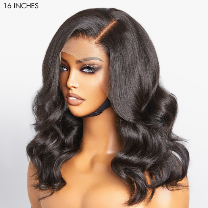 Natural Black Body Wave 13x6 Compact Frontal Lace Side Part Long Wig 100% Human Hair