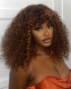 Highlight Brown Curly Minimalist Lace Glueless Long Wig With Bangs 100% Human Hair
