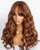 Curtain Bangs Chocolate  Caramel Brown Highlight Loose Wave Y-Shape Undetectable HD Lace Wig