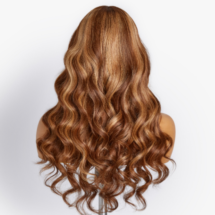 Curtain Bangs Chocolate  Caramel Brown Highlight Loose Wave Y-Shape Undetectable HD Lace Wig