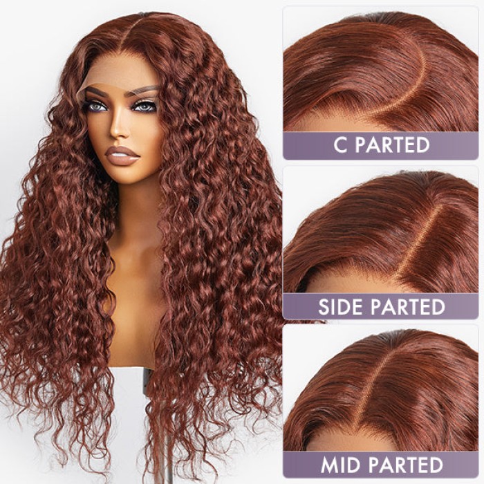 Casual Reddish Brown Curly 5x5 Closure Lace Glueless Mid Part Long Wig 100% Human Hair