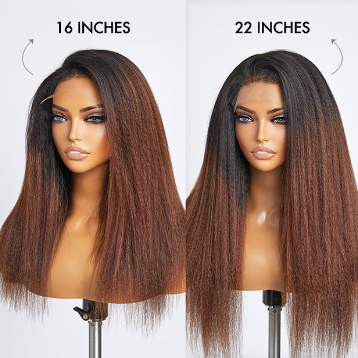 4C Edges  Kinky Edges Black To Brown Ombre Kinky Straight 5x5 Closure Lace Glueless Side Part Long Wig 100% Human Hair