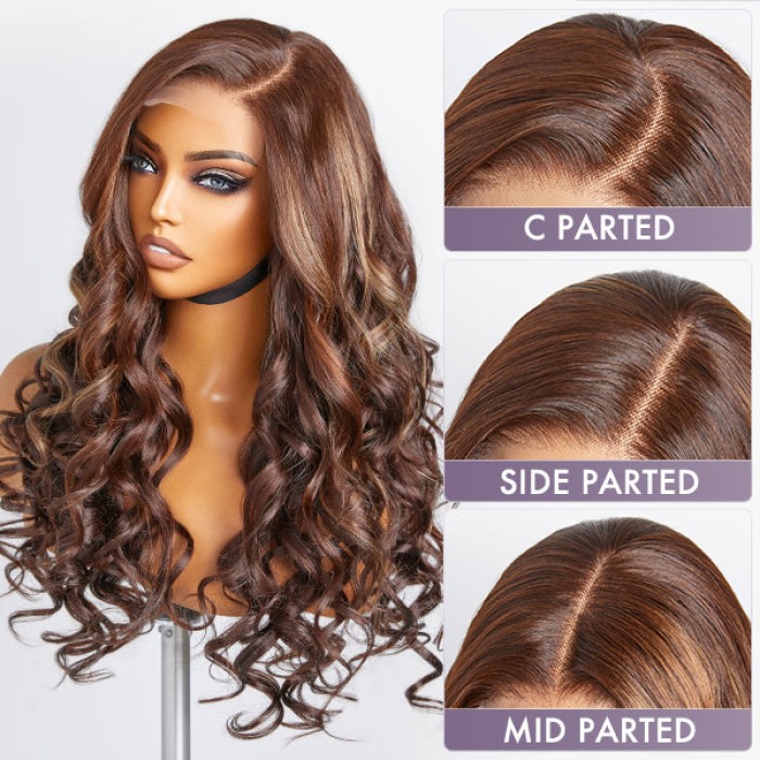 Beyon-Inspired  Blonde Brown Highlight Water Loose Wave 5x5 Closure HD Lace C Part Long Wig 100% Human Hair