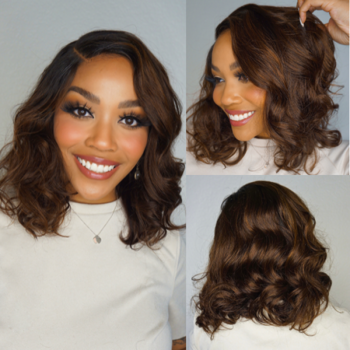 Mature C Part Natural Black  Ombre Brown Loose Wave Minimalist Undetectable HD Lace Wig 100% Human Hair