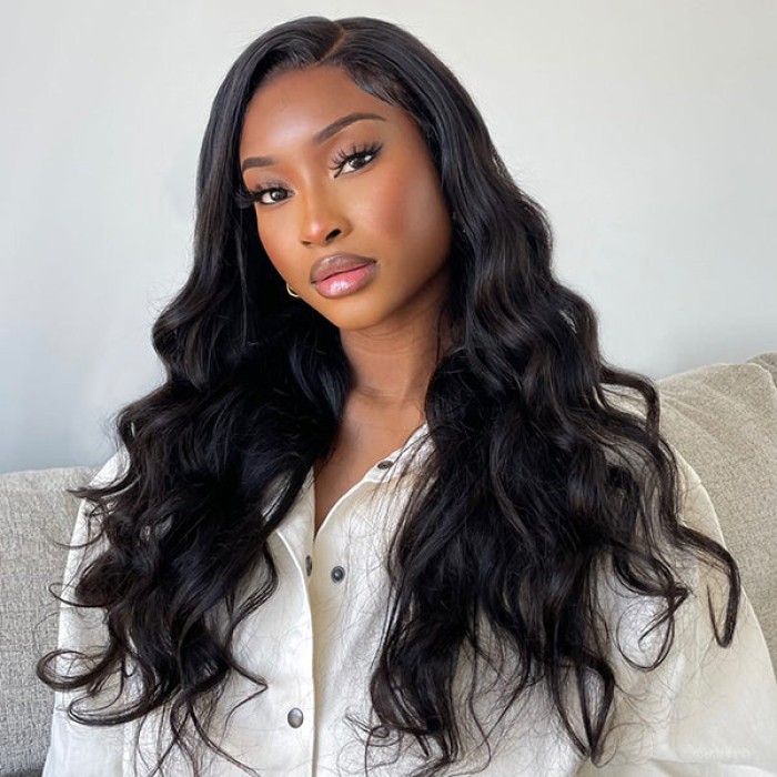 Natural Black Body Wave 13x6 Compact Frontal Lace Side Part Long Wig 100% Human Hair