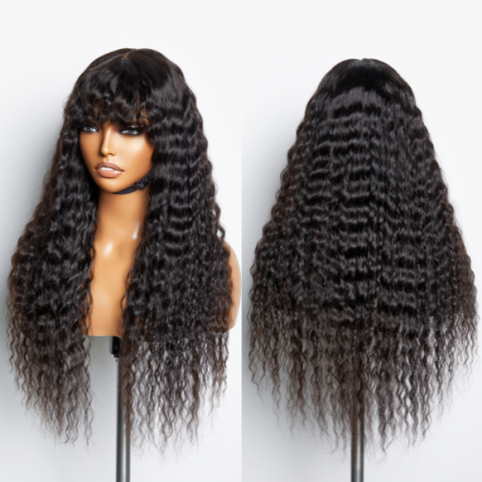 Boho-Chic  Romantic Bohemian Curly Minimalist Lace Glueless Long Wig with Cute Bangs 100% Human Hair