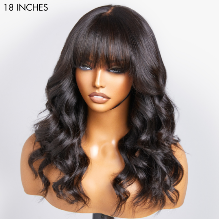 Loose Wave 5x5 Closure Lace Glueless Long Wig With Cute Bangs 100% Human Hair  Face-Framing (Free Pre-cut Lace Specially)