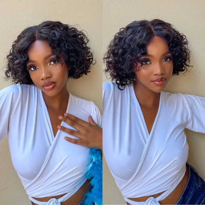 Casual Bouncy Curly 4x4 Closure Lace Glueless Short Wig With Bangs 100% Human Hair  Face-Framing