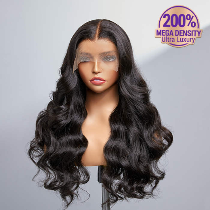 200% Mega Density  Natural Black Body Wave 5x5 Closure Lace Glueless Side Part Long Wig 100% Human Hair