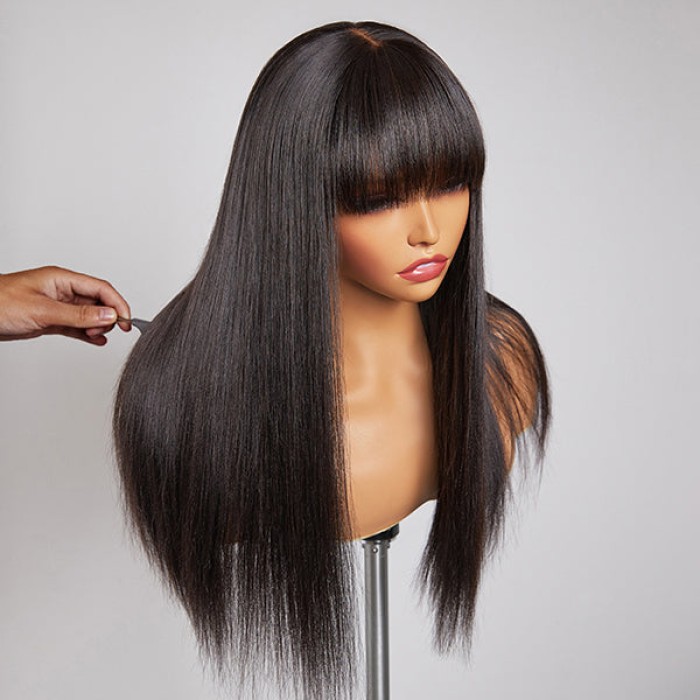 Yaki Straight Ultra Natural Minimalist Undetectable Lace Long Wig With Bangs 100% Human Hair