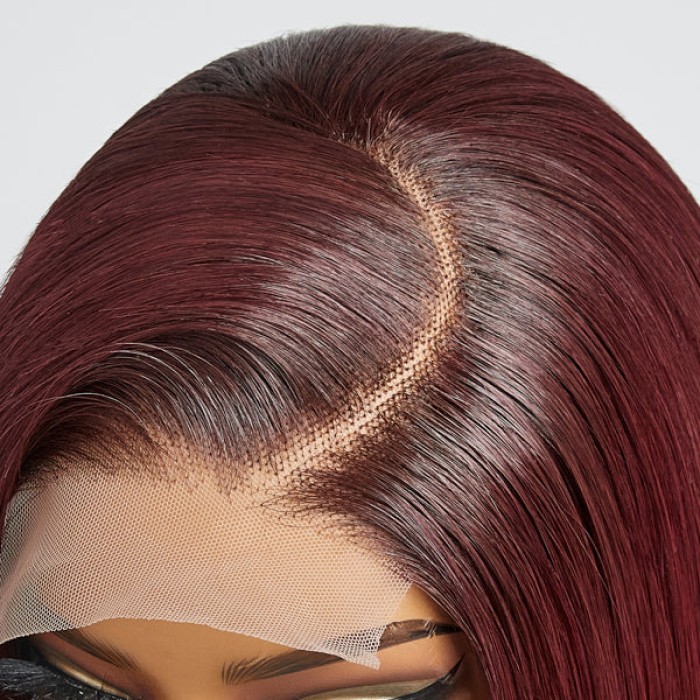 Limited Design  Burgundy Asymmetric Bob 4x4 Closure Lace Glueless Short Wig with Bangs 100% Human Hair