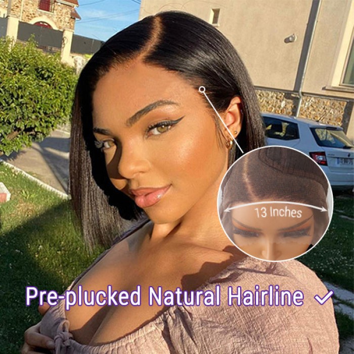 Super Natural Side Part Glueless Wide T Lace Bob Wig 100% Human Hair  Fits All Face Shapes