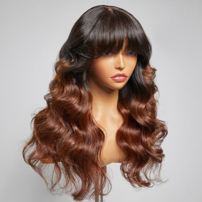 Limited Design  Letitia Chestnut Brown Ombre Loose Body Wave With Blunt Bangs 4x4 Closure Lace Glueless Wig 100% Human Hair
