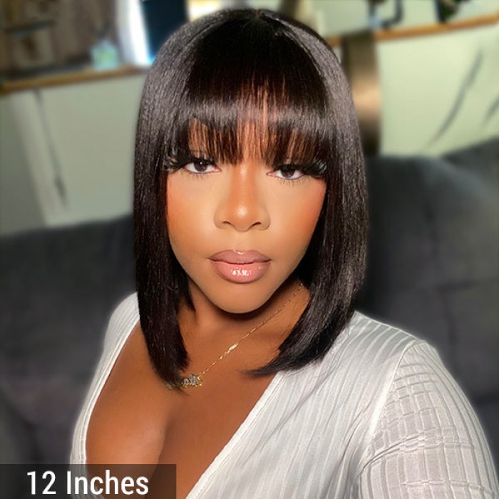 Put On And Go Realistic Glueless Black  Dark Brown Yaki Straight Bob With Bangs Minimalist Undetectable HD Lace Wig 100% Human Hair