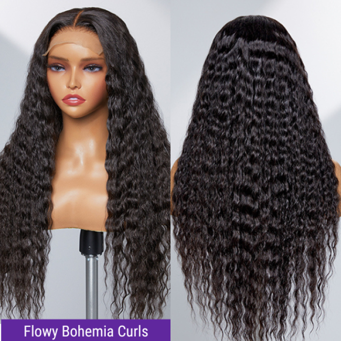 Boho-Chic  Flowy Bohemian Curly 5×5 Closure Lace Glueless Mid Part Long Wig 100% Human Hair