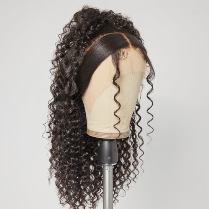 Limited Design  Zoe Unique Sleek-top Deep Wave 13x4 Frontal Lace Mid Part Long Wig 100% Human Hair