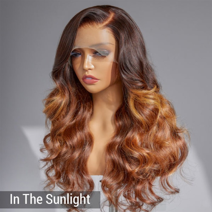 Limited Design  Amanda Honey Brown Highlight 13x4 Frontal Lace Side Part Long Wig 100% Human Hair