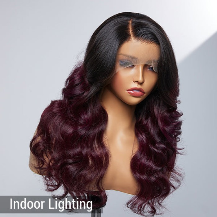 Limited Design  Alyssa Cabernet Ombre 13x4 Frontal Lace Right Side Part Long Wig 100% Human Hair