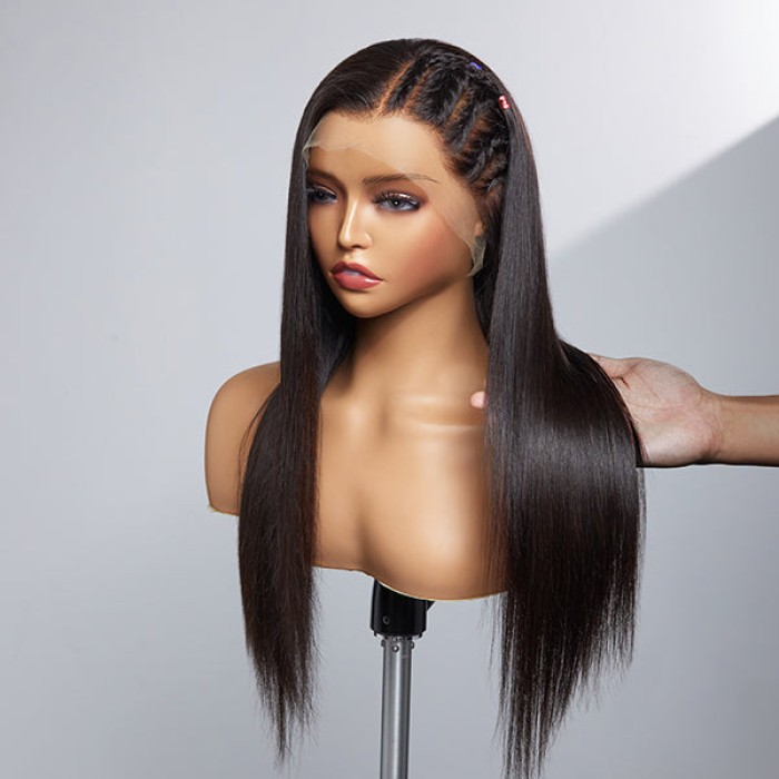 Limited Design  Natural Black Left Side Braids Straight 13x4 Frontal HD Lace Long Wig 100% Human Hair
