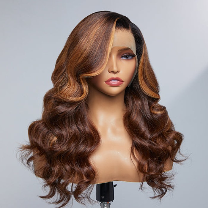 Limited Design  Blonde Highlight Loose Body Wave 13x4 Frontal HD Lace Long Left Side part Wig 100% Human Hair