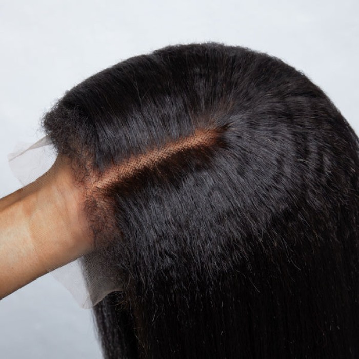 4C Edges  Kinky Edges Kinky Straight 5x5 Closure HD Lace Glueless Mid Part Long Wig 100% Human Hair
