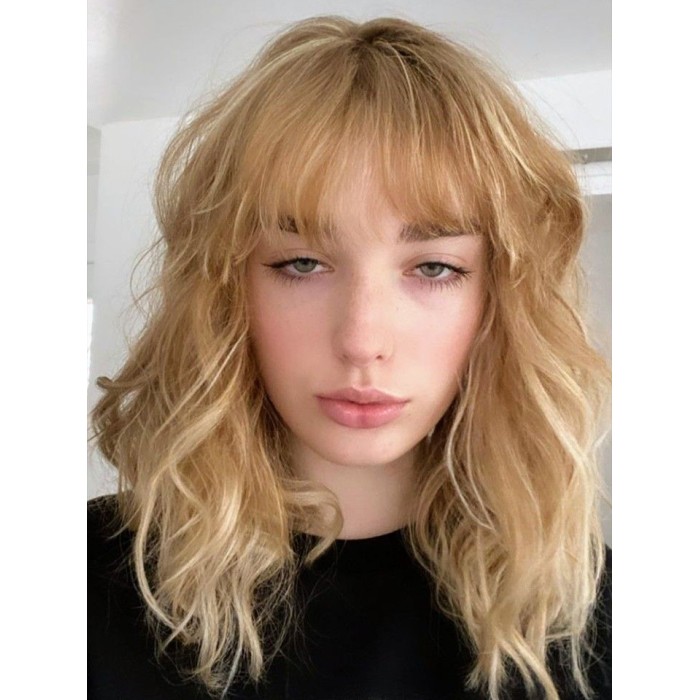 16" Light Blonde Wavy Human Hair Wigs With Curtain Bangs
