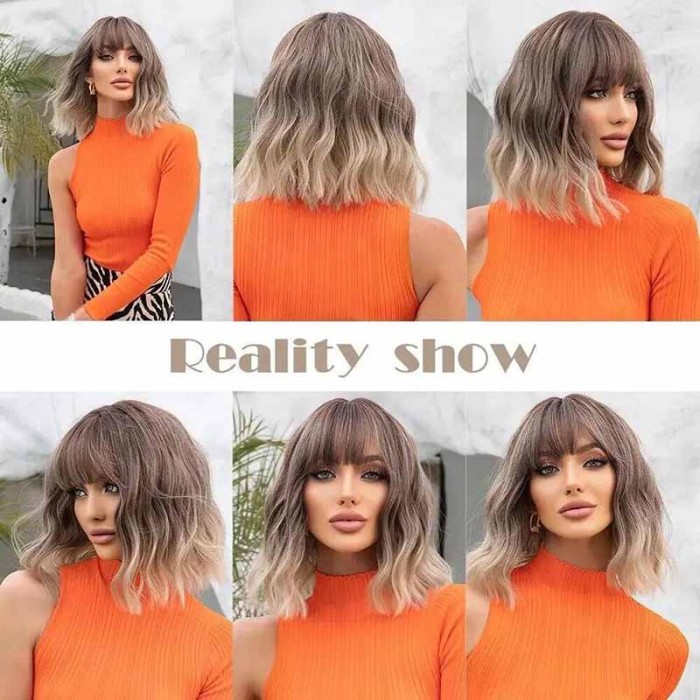 100% Real Hair Wavy Curly Bob Wigs with Bangs for Women