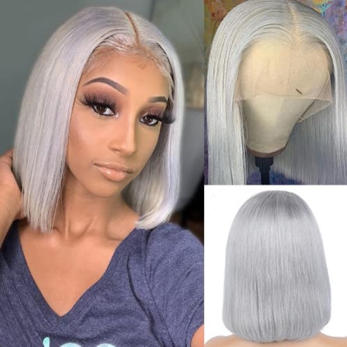 Grey Bob Wigs Human Hair 13x4 Lace Front Wigs Glueless Brazilian Remy Hair