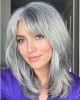 Grey Human Hair Wigs for White Women Medium Length Layered