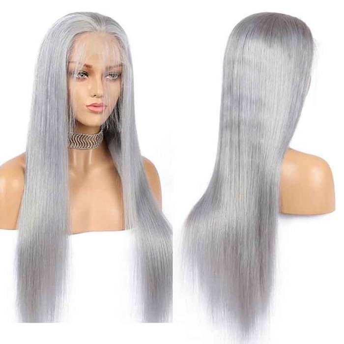 Grey Lace Front Wigs Human Hair Silver H Straight Pre Plucked 13×4 HD Transparent Lace Wigs