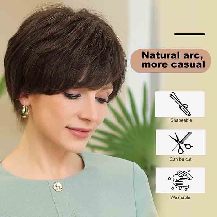 Natural Layered Wavy Short  Pixie Cut Human Hair Wigs with Bangs