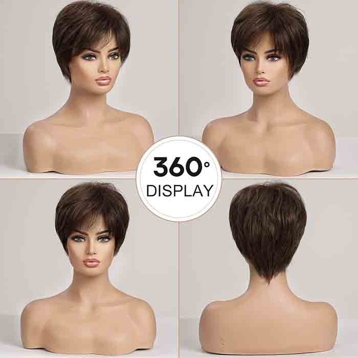 Natural Layered Wavy Short  Pixie Cut Human Hair Wigs with Bangs