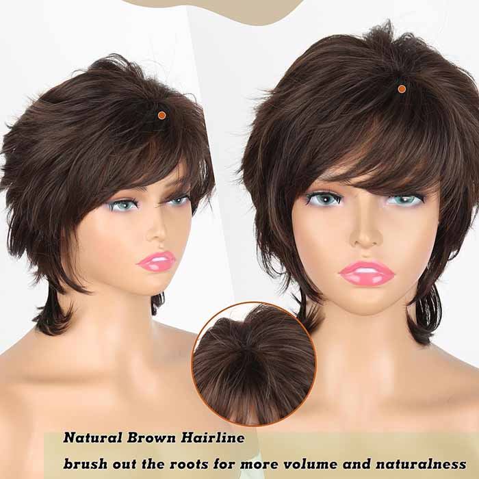 Layered Real Hair Wig Short Brown Pixie Cut for Women