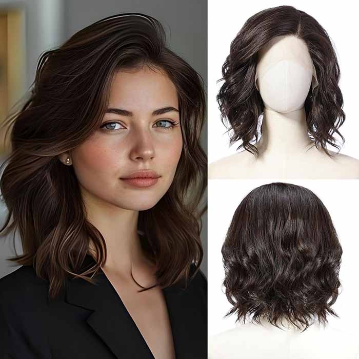 Side Part Wavy Wig Dark Brown Layered Lace Front Bob Wig 14 Inch Shoulder Length