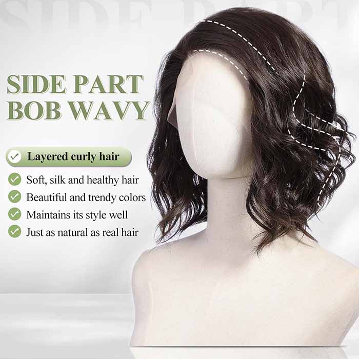 Side Part Wavy Wig Dark Brown Layered Lace Front Bob Wig 14 Inch Shoulder Length