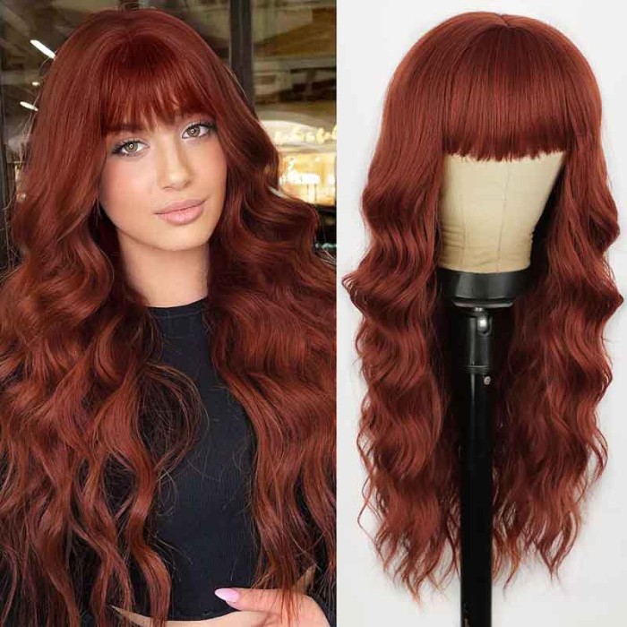 Auburn Wigs with Bangs Long Wavy Copper Red Wig for Women 26 Inch
