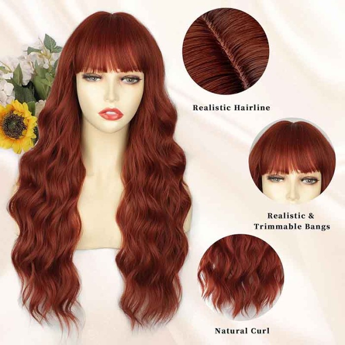 Auburn Wigs with Bangs Long Wavy Copper Red Wig for Women 28 Inch