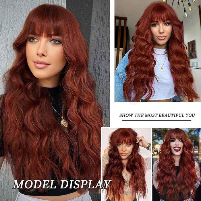 Auburn Wigs with Bangs Long Wavy Copper Red Wig for Women 31 Inch
