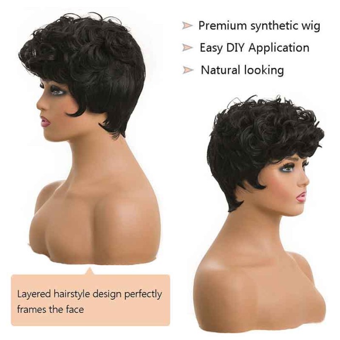 Natural Wavy Black Pixie Cut Wig Short Curly Layered Pixie Wig for Women