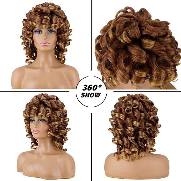 Soft Brown Blonde Big Curly Wig with Bangs Afro Kinky Curls