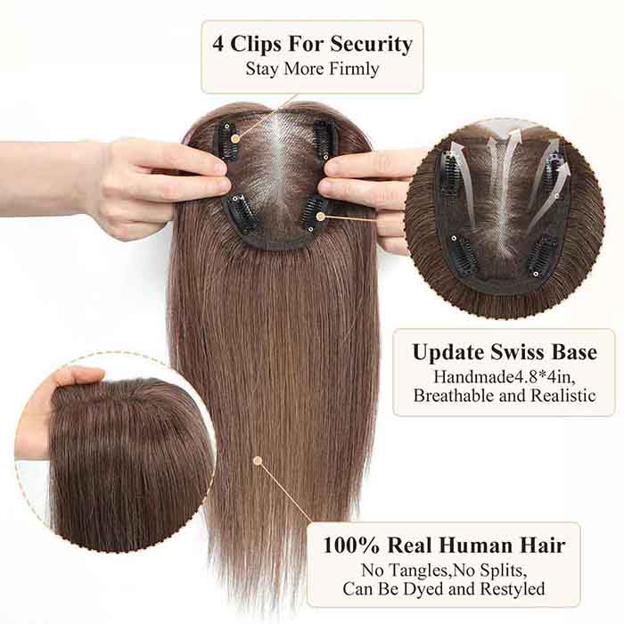 Hand-made Real Human Hair 4 * 4.8 Inch Swiss Base Hair Toppers for Women Without Bangs