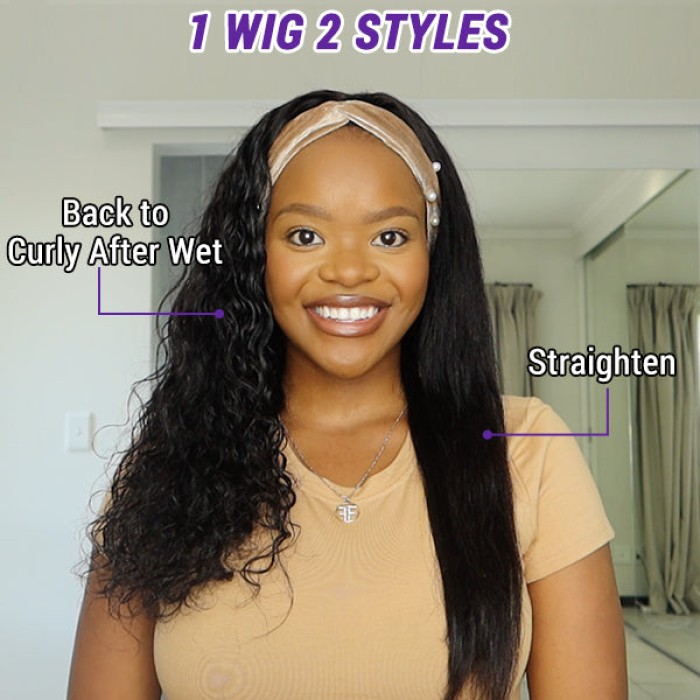 Wet And Wavy | Throw On \u0026 Go Water Wave Glueless Long Headband Wig 100% Human Hair (Get Free Trendy Headbands)